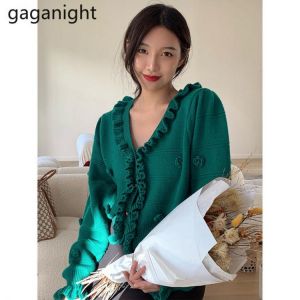 Gaganight Women Ruffled Sweater Knitted Cardigan 2021 Autumn Winter New Retro Gentle Style Solid V-neck Lace Ladies Short Tops