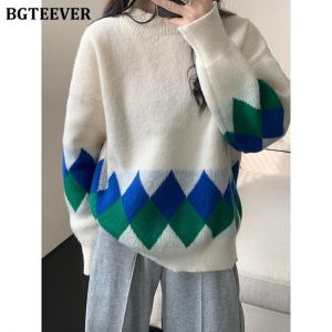 BGTEEVER Casual O-neck Argyle Knitted Sweater for Women Autumn Winter Full Sleeve Loose Female Pullovers Sweaters 2021