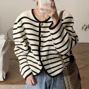 Korean Chic Knitted Cardigan French Temperament Contrast Stripe Design Metal Single Breasted Loose Long Sleeved