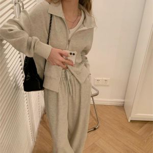 Autumn Women New Lapel Long Sleeved Jacket  Drawstring Trousers Female Casual Two Piece Set
