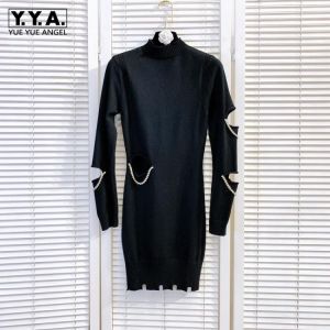 Elegant Black Long Sleeve Dress Women Streetwear Diamonds Chain Slim Pullover Mid Dress Half High Collar Hollow Knitting Dress
