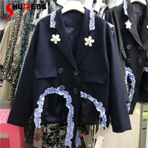 Women's Autumn Three-Dimensional Flower High-End Coat Fall 2021 Women Clothing Long Sleeve Wooden Ear Beaded Suit Jackets Lad