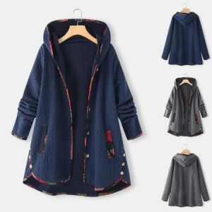 Women's  Cotton Clothes Printed Single-breasted Long-sleeved Plus Size Down Jacket Casual Loose Irregular Stitching Thick Coa