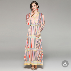 Women's Clothing Of Large Sizes Fashion V Neck Print Stripes Belt Long Dress 2021 Autumn Designer High Waist A Line Vestidos 