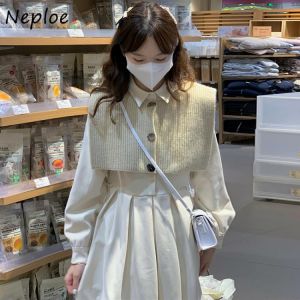 Neploe Autumn Gentle Style Dress 2pcs Women Long Sleeve High Waist Pleated Dress + Button Outer Wear Sweater Shawl Two-piece