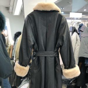 Slim Long Faux Leather Jackets Women Fashion Solid Buttons Coats Women Elegant Tie Belt Waist Pockets Jackets Female LadiesM~4XL