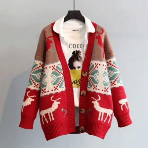 Vangull Fashion Deer Cartoon Print Women Cardigan Autumn Loose Knitted Sweater V-neck Single Breasted Christmas Ladies Cardigans