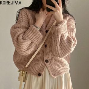 Korejpaa Simple Solid Cardigan Crop Top Women V-neck Puff Sleeve Single Breasted Casual Sweater Knitwear Elegant Autumn New
