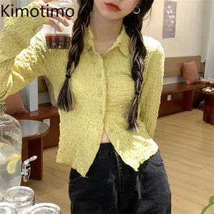 Kimotimo Folds Shirts Women 2021 Autumn Design Turn-down Collar Solid Crop Top Korean Chic Slim Long Sleeve All-match Blouse Ins