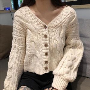 Short cardigan sweater women ins retro loose V-neck button knitted cardigan spring and autumn French lazy style solid color tops