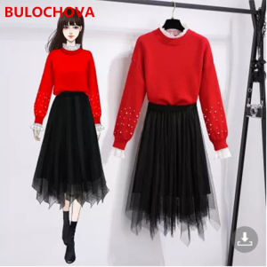 2021 Autumn Winter Women's Suits Students Turtleneck Pullovers Lace Patchwork Loose Sweater Tops + Mesh Long Skirt 2 Pieces S