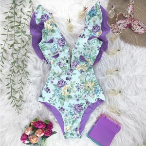 2021 New Print Swimwear Deep V-neck Ruffle Swimsuit Push Up One Piece Swimsuit Beach Wear Backless Monokini
