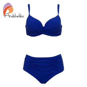 Andzhelika 2021 New Bikinis Women Solid Fold Swimsuit High Waist Bikinis Set Summer Sexy Plus Size Swimwear Bathing Suit Biquini