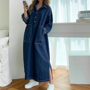Women's Autumn Long Sleeve Denim Shirt Dress Za Button Pocket Jeans Maxi Vestidos Casual Loose Femme Streetwear Cowboy Midi R