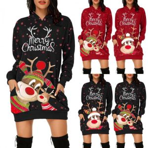 Fashion Women Casual Dresses Christmas Hoodies Dress For New Year 2022 Women Clothing With Pockets S M L XL Hooded Dress
