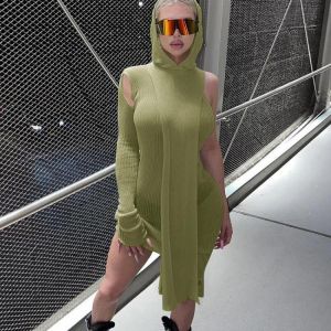 Knitted Hooded One Shoulder See Through Drawstring Ruched Dress and Scarf Two Piece Set for Women Female Casual Wear Outfits