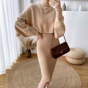 Two Piece Set Female Sweater Dress Autumn Winter High Waist Knitted Ensemble Femme Medium Long Party Dresses Elegant Slim
