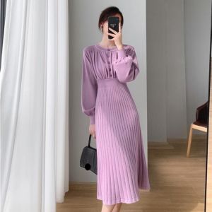 Hebe&Eos 2021 Winter Elegant Women Sweates Dress Warm Slim Waist Knitted Dress O-neck Female One Piece Korean Pleated Midi Dre