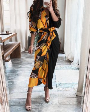 New Ladies Long-sleeved V-neck Button Printed Dress Commuter Dresses Women Boho Long Maxi Dress  Bandage  club dress