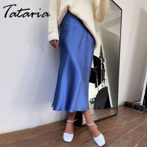 Tataria Silk Satin Skirts for Women High Waisted Skirt 2021 Women A-Line Elegant Skirts Summer Pink Midi Skirt New Korean Style