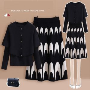 NEW Women's Skirt Fall Traf Fashion Knit Skirt Korean Round Neck Black Long Sleeve Knit Top Winter Set Y2k High Waist Knit Sk