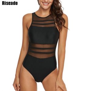Riseado Black Mesh One Piece Swimsuit Women Swimwear New 2021 Sexy High Neck Bathing Suits Women Backless Bodysuit Plus Size XXL