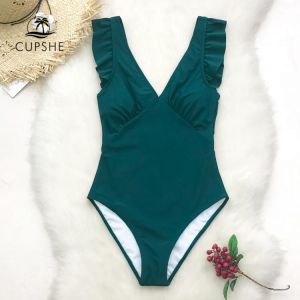 CUPSHE Green Teal Plunging Solid One-Piece Swimsuit Women Ruffle Ruched Monokini 2021 Girl Beach Bathing Suits