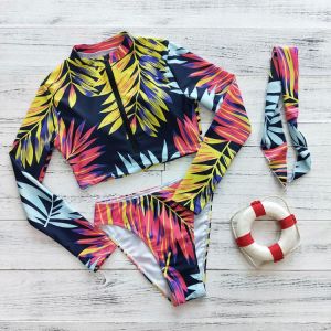 2021 Sexy Long Sleeve Bikinis Women Swimsuit Green Leaves Print Bathing Suits Beachwear Brazilian Bikini Set Biquini Female