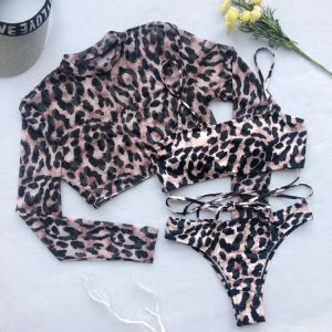 Long Sleeve Leopard  3 Piece Swimsuit High Cut Push Up Padded Bikini Female Bathers Sports Bathing Suit Thong Swimwear Biquini