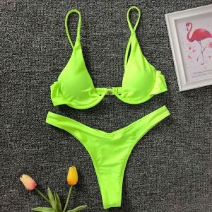 Neon Green V-bar Underwire Bikini 2021 Female Swimsuit Women Swimwear Two-piece V shape Wire Bikini set Bather Bathing Suit K439