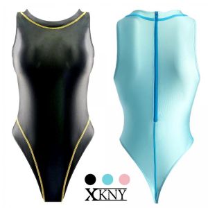 XCKNY New one-piece T-shaped high fork swimsuit sexy tight glossy swimsuit women's back zipper oil gloss contrast color swims