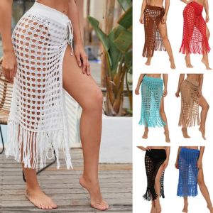 Summer Beach See Through Maxi Dress 2021 Tassel Women Sexy Cotton Swimsuit Cover Ups For Swimwear Boho Clohting Mesh Long Skirt