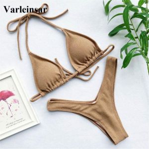 Sexy Ribbed Brazilian Bikini 2020 Swimsuit Female Swimwear Women Two-pieces Bikini set with Halter Bather Bathing Suit V1192