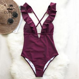 CUPSHE Burgundy Heart Attack Falbala One-piece Swimsuit Women Ruffle V-neck Monokini 2021 New Girls Beach Bathing Suit Swimwear