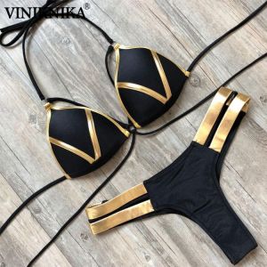 Black Bandage Swimsuit 2020 Sexy Brazilian Bikini Push Up Swimwear Women Micro Bikinis Plus Size Beachwear Shiny Gold Beachwear