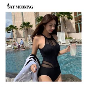 SAY MORNING Sexy Lace One Piece Swimsuit Women Solid Swimwear High Neck Monokini Halter Swim Suit Pad Korea Bathing Suit