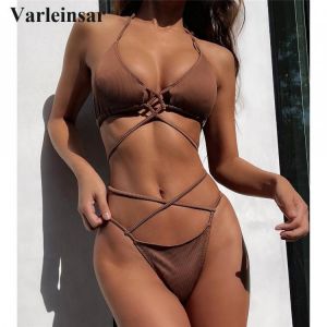 New Sexy Halter Ribbed Bikini Women Swimwear Female Swimsuit Two-pieces Bikini set Wrap Around Bather Bathing Suit Swim V2956