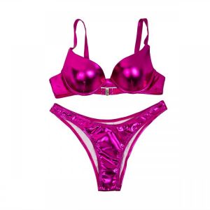 Women Bikini Set Fax Leather Gold Sequined Padded Bra Crease Bandeau Swimsuit Glitter Beach Swimwear Sliver Green Bathing Suit