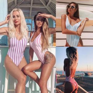2021 Striped Backless Swimwear Female One Piece Swimsuit Women Sexy Bathing Suit Padded Beachwear Swimming Summer