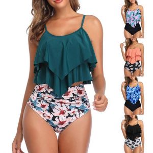 Drop Swimsuit for Women Two Piece Double Flounce top with High Waisted Ruched Bottom Tankini Set Swimwear Bathing Suit Plus Size