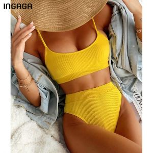 INGAGA High Waist Bikinis Swimwear Women Push Up Swimsuits Ribbed Bathing Suits High Cut Sexy Biquini 2021 Summer Beachwear
