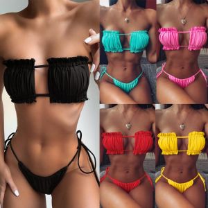 2021 Summer Sexy Women Swimwear Folds Bikini Bathing Suit Bandeau Bikini Mujer Micro Swimsuit Female Push up Two-piece Suit