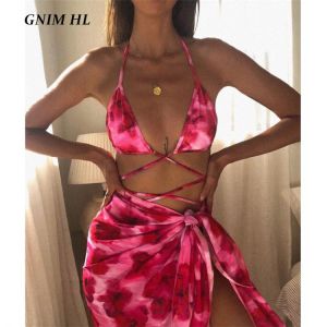 GNIM Bandage Trinagle Swimsuit Women With Shawl Sexy Print Bikini Set 2020 Beachwear Swimwear 3 Pieces Top Selling Swimming Suit
