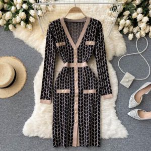 SINGREINY Women Design Plaid Knitted Dress Long Sleeve V Neck Single Breasted Slim Sheath Dresses Autumn Bodycon Sweater Dress
