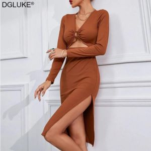 Long Sleeve Party Dresses For Women 2021 Autumn Winter Elegant Dress Sexy Cut Out Bodycon Midi Dress Black Brown