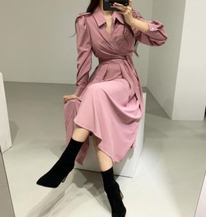 Office Lady Turn-Down Collar Ruched Sleeve A-Line Dress Women Solid Bandage Waist Female Midi Dress Autumn Fashion Vestido Femme