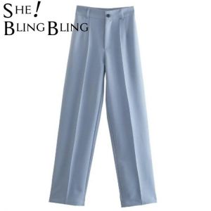 SheBlingBling 2021 ZA Women Pant Traf Casual High Waist Chic Office Ladies Female Elegant Beige Straight Suit Pants Trousers
