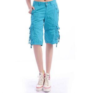 Women's Knee Length Capri Cargo Pants Multi-pockets Outdoor Casual 5-points Denim Trousers For Travel Combat Pants Plus Size