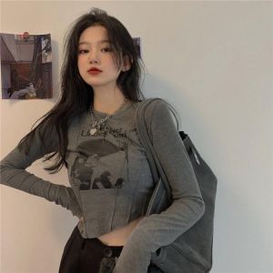 Korean Fashion Clothing 2021 Casual Slim T-shirt For Women O Neck Long Sleeve Sexy Crop Top Grunge Letters Print Female