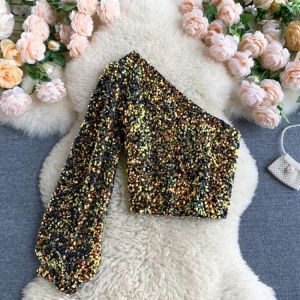 Fall 2021 New Product Oblique Collar T-shirt Strapless Unilateral Puff Sleeve Slim Fit Short Sequined Top HK102